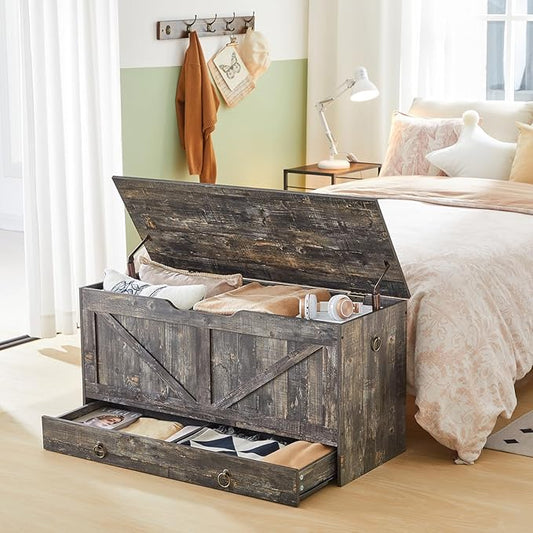 HOOBRO Storage Chest, 39.3" Toy Chest with Drawer, Wooden Storage Bench, Sturdy Entryway Bench Supports 220 lb, Shoe Bench, Safety Hinge, U-Shaped Opening, Easy Assembly, Vintage Gray VP710CW01G1