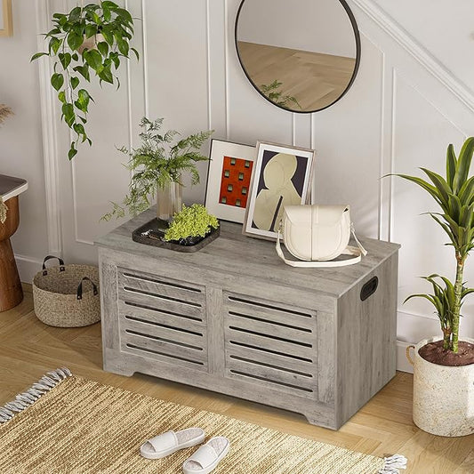 DINZI LVJ Storage Chest, Flip-Top Wooden Toy Box with 2 Safety Hinges, Retro Entryway Shoe Bench, Sturdy Large Storage Trunk for Living Room, Bedroom, Toddler Room, Easy Assembly, Grey Wash