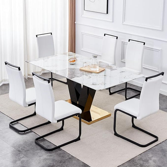 Modern Dining Chairs Set of 6,High Back Kitchen Chairs,Side Room Chair with Black Powder Coating Metal Legs,Easy to Clean Upholstered Dining Chairs,Ideal for Living Room(White Chairs)