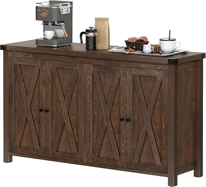 YITAHOME 55'' Buffet Cabinet with Storage, Farmhouse Sideboard Cabinet Coffee Bar Cabinets with Barn Doors & Adjustable Shelves for Kitchen, Living Room, Brown