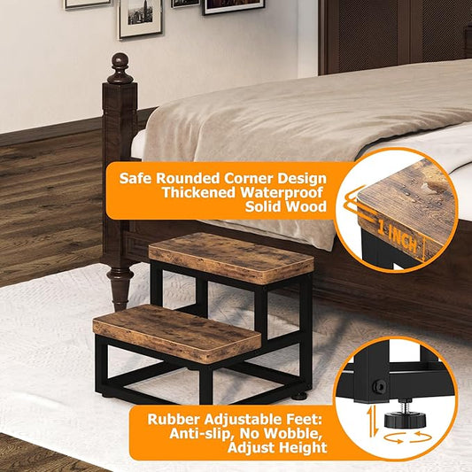 2 Step Wooden Step Stools for Adults Kids, Heavy Duty Stepping Stools Wooden Bed Step Stools for High Beds, Non-Slip 2 Bedside Foot Stool with 500 Lbs Capacity, Kitchen, Bed, RVS Step, Rustic Brown