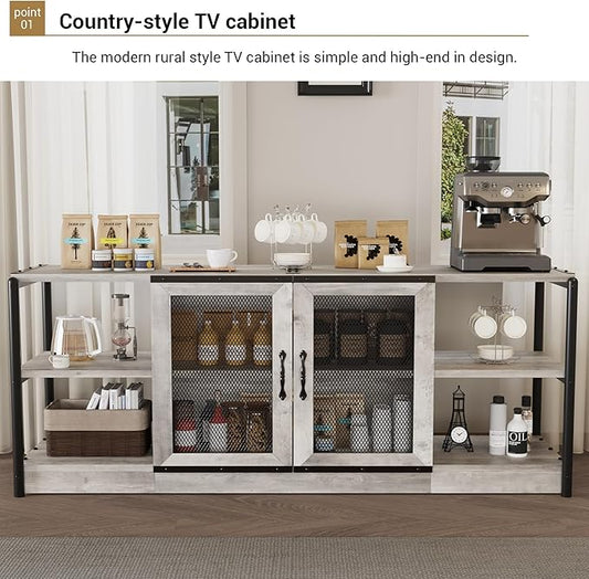 Farmhouse TV Stand for 65+ Inch TV, Industrial TV Cabinet, Entertainment Center with Double Mesh Doors and Storage Cabinet, Rustic TV Cabinet, TV Console Table Media Cabinet for Living Room, Grey