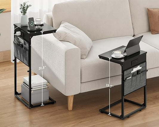 Vagusicc C-Shaped End Table Set of 2 with Charging Station, Small Side Table for Couch, Adjustable Height Couch Side Table, Slide Under Sofa Table TV Tray Tables for Living Room,Bedroom,Bedside, Black