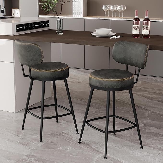 Counter Height Bar Stools, 26" H Swivel Barstools Set of 6, Faux Leather Kitchen Counter Stools with Back and Stylish Stitching, Metal Frame, Pub, Home Bar, Black Grey