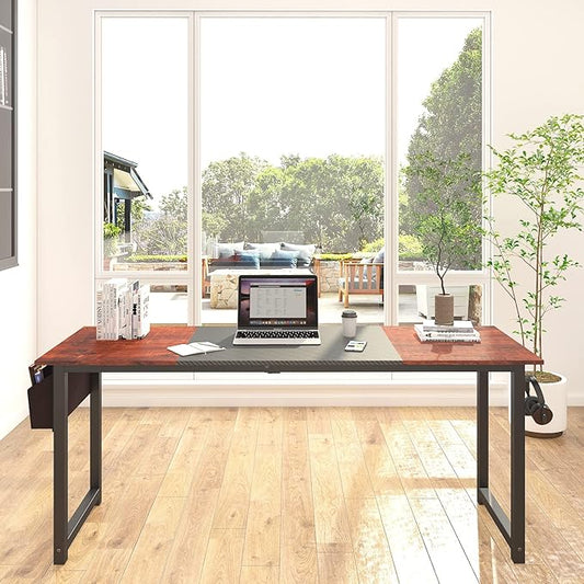 Decoholic 71Inch Home Office Computer Two-Color Panel Desk with Storage Bag and Hook, Black, Sandalwood Color, Industrial Modern Laptop Desk