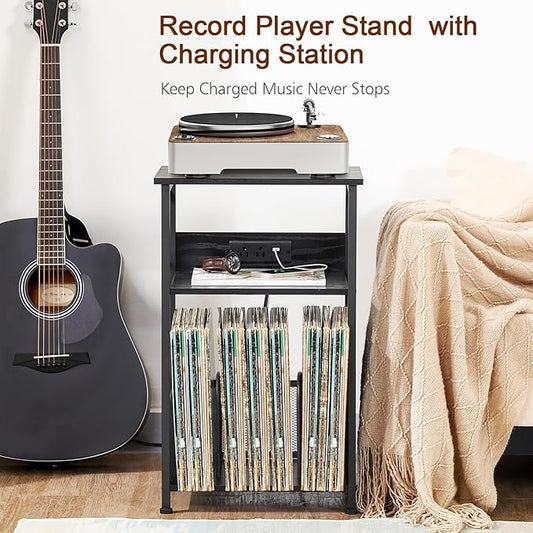 AMHANCIBLE Record Player Stand with Charging Station, Turntable Stand with Storage Cabinet, 3 Tier End Table Hold Up to 100 Albums, Record Stand for Vinyl, Living Room, Black, HETCD01BK-1
