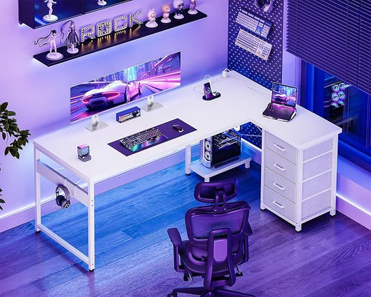AODK L Shaped Desk with 4 Tier Drawers, 61" Reversible Gaming Desk with Power Outlets, L Shaped Computer Desk with USB Charging Port and Host Stand, Home Office Corner Desk, Easy to Assemble, White