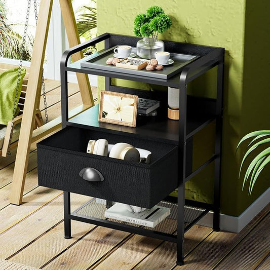 Night Stand Nightstand with 1 Drawer Black Nightstands Storage Night Stands Fabric Drawers Small Bedside Table Mesh Shelves Bed Side End Tables Chests Cabinet for Bedroom Living Room Dorm Furniture