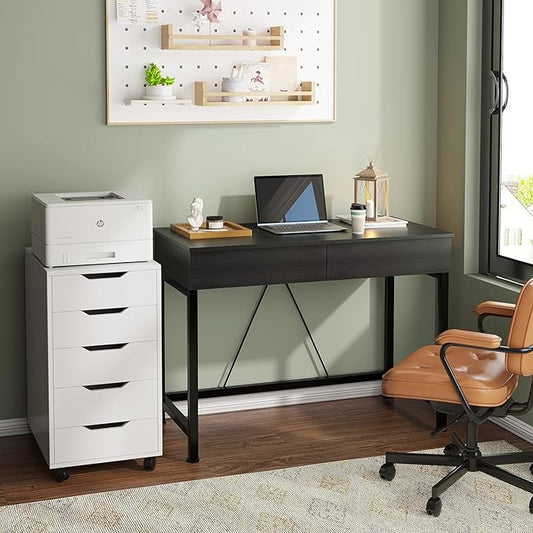 CAIYUN Small Computer Desk with Drawers, 39.4 Inch Home Office Desks with Storage, Simple Modern Kids Desk, Vanity Desk for Bedroom, Work Study Writing Desk Table for Small Spaces (Black, Wooden)
