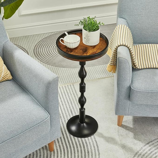 Small Round Drink Table,Pedestal Tables,Small Round Side Table for Narrow Spaces,End Table for Living Room, Bedroom, Bathroom,Balcony (Rustic Brown)