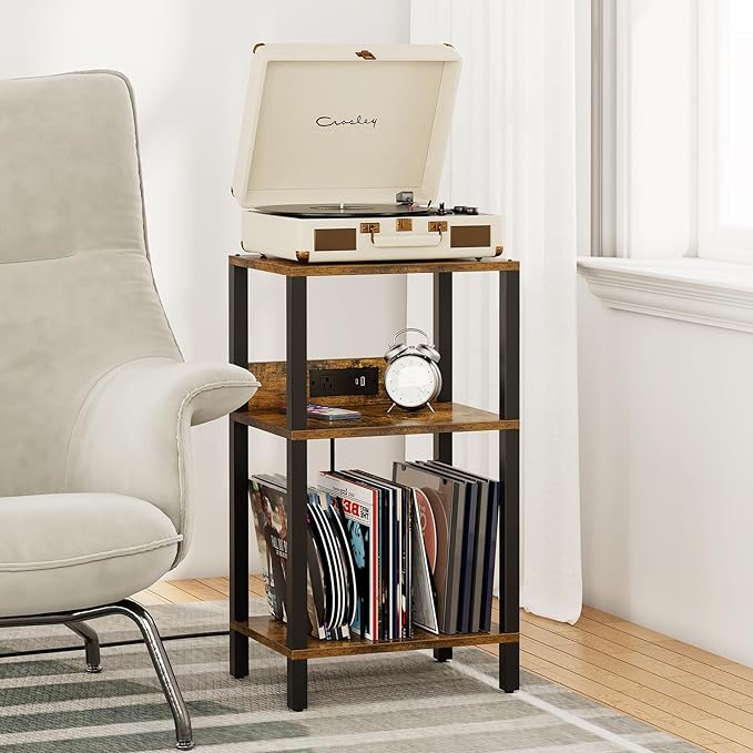 TUTOTAK Record Player Stand with Storage Up to 100 Albums,Record Storage Table,3 Tier End Table with Charging Station,Side Table for Living Room, Bedroom, Brown TB01BB076