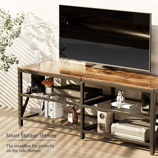 TV Stand for TVs up to 65 Inch, 55" Long Industrial TV Console Table with 3-Tier Storage Shelves, Entertainment Center for Living Room, Bedroom (Rustic Brown)
