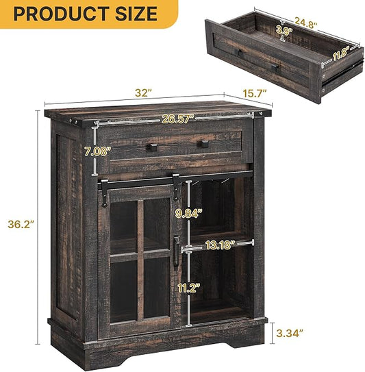 DWVO Farmhouse Coffee Bar Cabinet, Sideboard Buffet Cabinet with Drawer & Adjustable Shelves, Storage Cabinet with Sliding Barn Door for Kitchen and Living Room, Dark Rustic Oak
