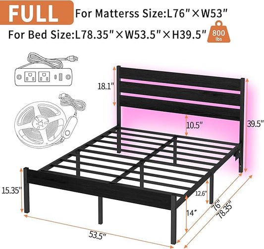 Full Size Bed Frame with Headboard,Heavy Duty LED Bed Frame with USB Charging Station,Mattress Foundation-Under Bed Storage, No Box Spring Needed, Noise Free,Black