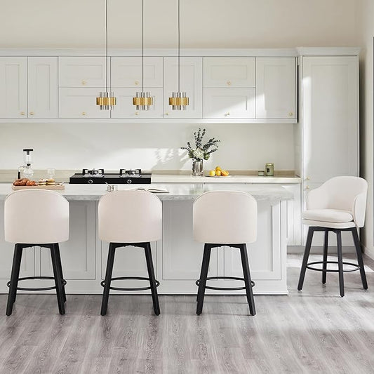 Counter Height Barstools 26 inch Upholstered Swivel Bar Stools with Back and Wood Legs for Kitchen Island,Set of 4,Beige Fabric