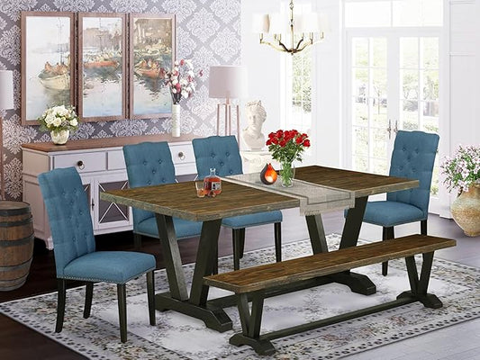 East West Furniture V677EL121-6 6 Piece Modern Dining Table Set Contains a Rectangle Wooden Table with V-Legs and 4 Blue Linen Fabric Parson Chairs with a Bench, 40x72 Inch, Multi-Color
