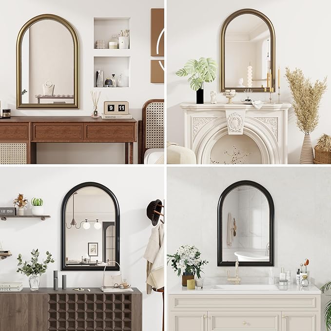Axeman 32x48 Arched Wall Mirror, Decorative Bathroom Mirror, Traditional Vintage Wall Mounted Mirror with Beaded Frame for Accent Living Room Vanity Bedroom Entryway, Black