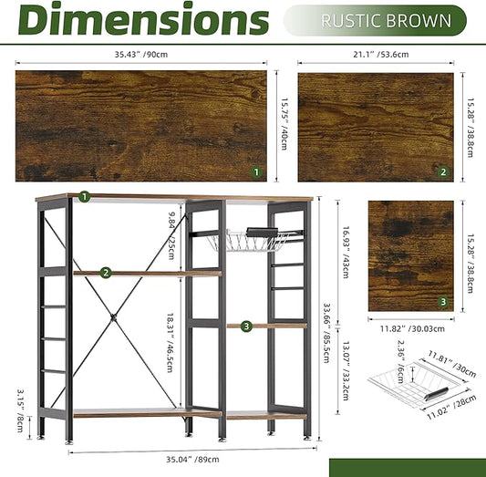 Baker’s Rack, Microwave Oven Stand with Bamboo Frame, 35.43" Coffee Bar with Wire Basket & 6 Hooks, 3-Tier Kitchen Storage Shelf Stand for Kitchen, Living Room, Office, Rustic Brown