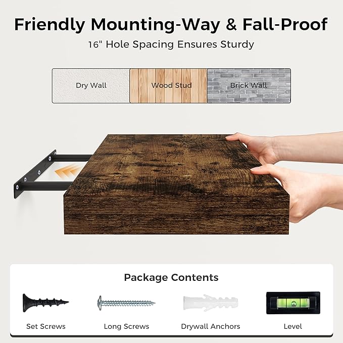 12 Inch Deep Floating Shelves, 24 x 12 Floating Shelf for Books, Rustic Wood Deep Wall Shelves for Home Storage & Display, 2" Thicked Shelves for Kitchen, Living Room, Bedroom, Rustic Brown, 2 Pack