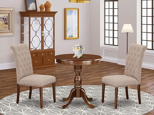 East West Furniture ESBR3-MAH-04 3 Piece Modern Dining Table Set Contains a Round Wooden Table with Pedestal and 2 Light Tan Linen Fabric Parson Dining Chairs, 30x30 Inch, Mahogany