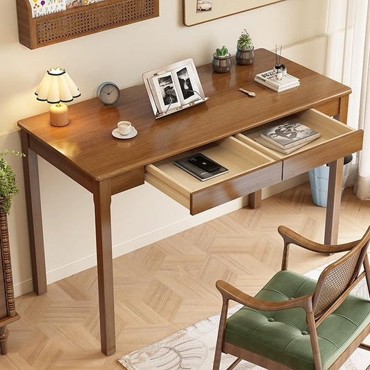 Solid Wood Desk with Drawers - 47 x 22 Inch Vintage Desks, Mid Century Modern Desks, Rubber Wood Study Table, Writing Desk with Drawers for Bedroom|Any Spaces - Walnut Color