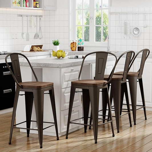 Yongqiang 26 inch Bar Stools Set of 4 Kitchen Counter Height Bar Chairs High Back Metal Barstools with Large Wooden Seat Industrial Rusty