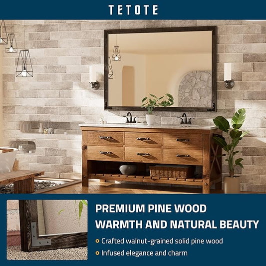 TETOTE 55 x 36 Black Wood Mirror for Bathroom Wall/Bedroom/Living Room/Entryway Farmhouse Rustic Bathroom Vanity Mirror for Over Sink Waterproof (Horizontal/Vertical Mounted)