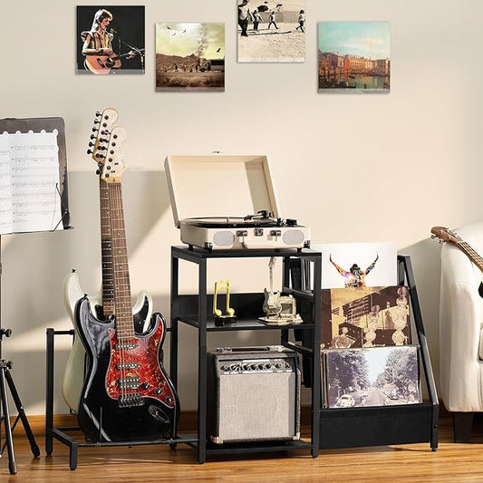 LELELINKY Record Player Stand, Black Adjustable Guitar Stand for Acoustic Guitar, Electric Guitar, Bass, Turntable Stand with Vinyl Display Shelf Storage Up to 150 Albums, End Table for Music Room