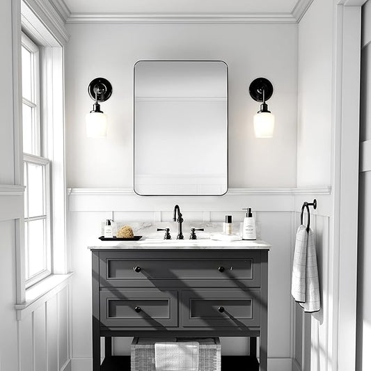 Black Bathroom Mirrors for Over Sink, 24 x 36 Inch Rounded Corner Rectangle Bathroom Vanity Mirror for Wall, Hangs Horizontally or Vertically