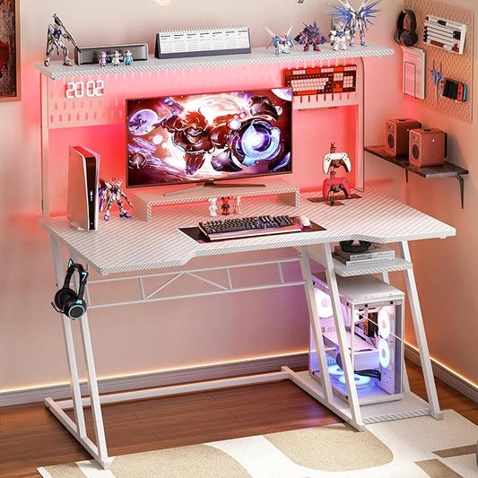 Armocity Gaming Computer Desk with Power Outlets, Gaming Desk with Hutch and LED Lights, Reversible PC Gaming Desk with Pegboard, Carbon Fiber White, 47"