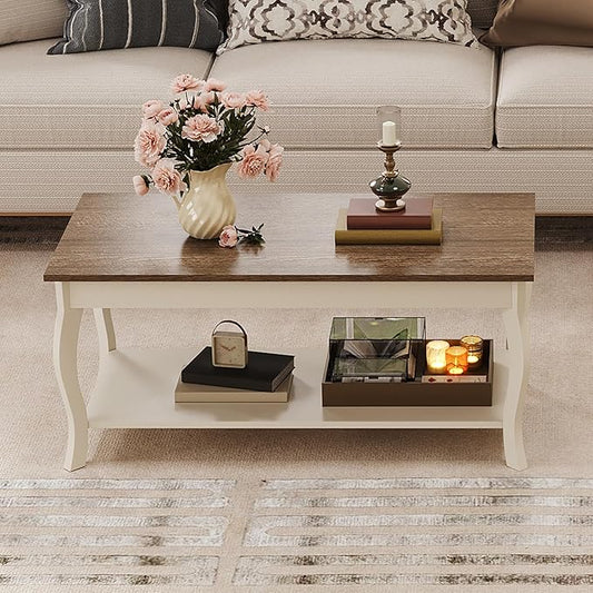 ChooChoo Coffee Table, Rustic Center Table with Curved Legs and Storage Shelf, 39" Coffee Table for Living Room, Soft White