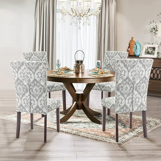 Parsons Dining Chairs Set of 4, Upholstered Nailhead Dining Room Kitchen Side Chair with Thick Cushions and Wood Legs, White/Grey