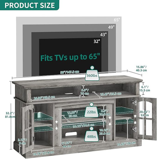 YITAHOME LED Farmhouse TV Stand for 65 Inch w/Outlets, Modern Entertainment Center with Glass Doors and Adjustable Storage Shelves, Media Console TV Cabinet for for Living Room, Grey