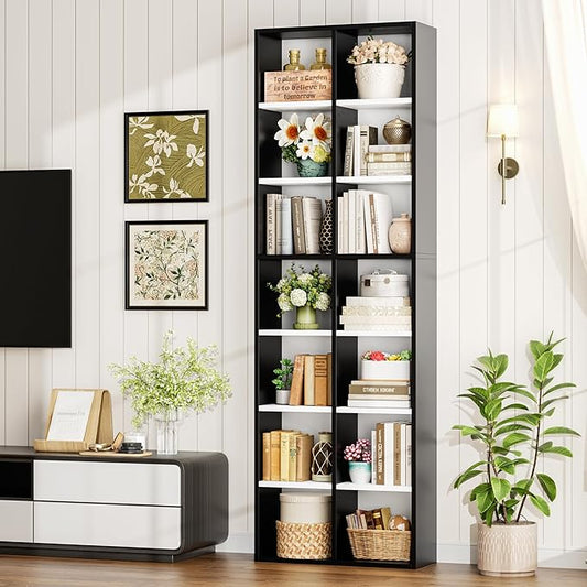 FOTOSOK 71'' Tall Bookshelf, Double Wide Media Tower Rack CD DVD Rack Display Cabinet with Adjustable Shelves, Tall Narrow Bookcase Bookshelf for Home Office, White/Black