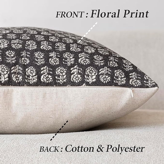 Foindtower Set of 2 Decorative Neutral Floral Print Throw Pillow Covers Vintage Accent Farmhouse Cushion Covers Boho Home Decor for Sofa Couch Chair Bedroom Living Room Outdoor,18×18 Inch,Black