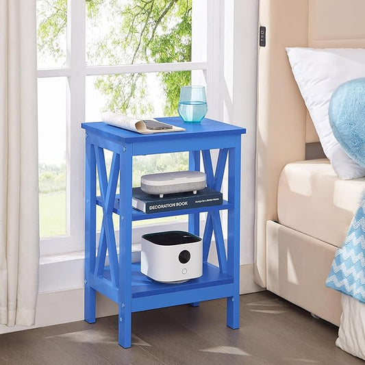 VECELO End Table Set of 2, Bedside Table, 24" Tall Living Room End Tables, X-Design Reinforced Nightstands, Side Table with 3-Tier Storage Shelves for Small Spaces, Office, Bedroom, Dark Blue