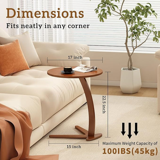 Wood Round Side Table: 17 '' Modern C Shaped End Table Nightstand with Natural Solid Wood, Small Bedside Table for Living Room, Bedroom, Farmhouse, Small Spaces (Large)