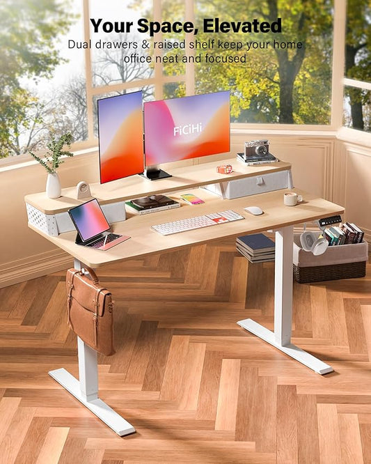 48x24 Inch Standing Desk with Double Drawers, C-Clamp Mount Compatible, Electric Adjustable Height Computer Stand Up Desks, Home Office Sit Stand Table with 3 Preset Heights & 2 Hooks, Natural