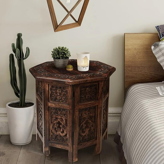 The Wooden Town End Tables for Living Room– Hand Carved Vintage Boho Folding Side Tables for Small Spaces, Entryway, Living Room, Bedroom – No Tools Assembly, 18"x18" Octagon, Scorch Burnt Finish