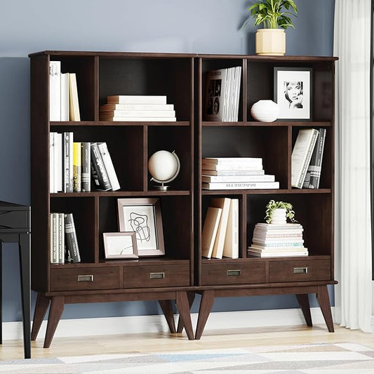 SIMPLIHOME Draper 35 inch Mid-Century Modern Bookcase and Storage Unit (Set of 2) in Medium Auburn Brown for The Living Room, Study Room and Office