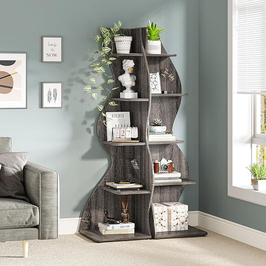 Tribesigns Corner Shelf, Modern 5-Tier Wall Corner Bookshelf, Stylish Corner Small Bookcase Storage Rack Plant Stand with Unique Shape for Living Room, Home Office