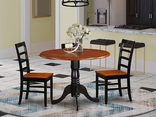 East West Furniture DLPF3-BCH-W 3 Piece Dinette Set for Small Spaces Contains a Round Dining Table with Dropleaf and 2 Dining Chairs, 42x42 Inch, Black & Cherry