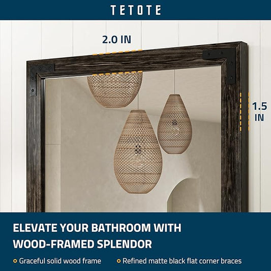 TETOTE 24 x 32 Black Wood Framed Mirror for Bathroom Wall/Bedroom/Living Room/Entryway Farmhouse Rustic Bathroom Vanity Mirror Waterproof (Horizontal/Vertical Mounted)