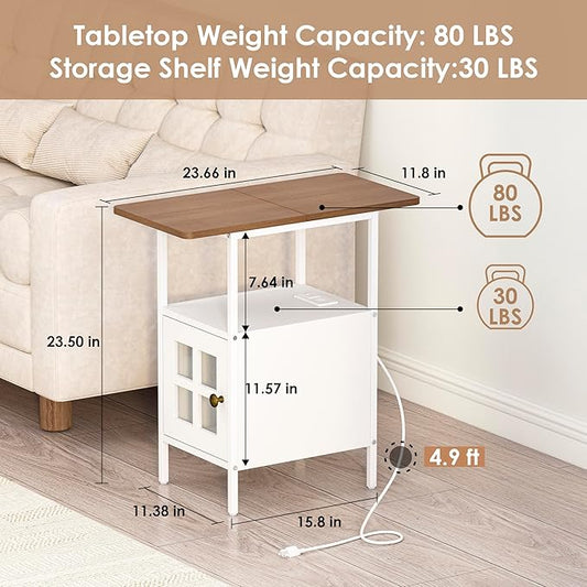 Farmhouse Narrow Side Table with Charging Station - 3-Tier End Table with USB & Outlets Compact Bedside Storage Table for Small Spaces, Multi-Functional Accent Table for Bedroom, Couch Corner Entryway