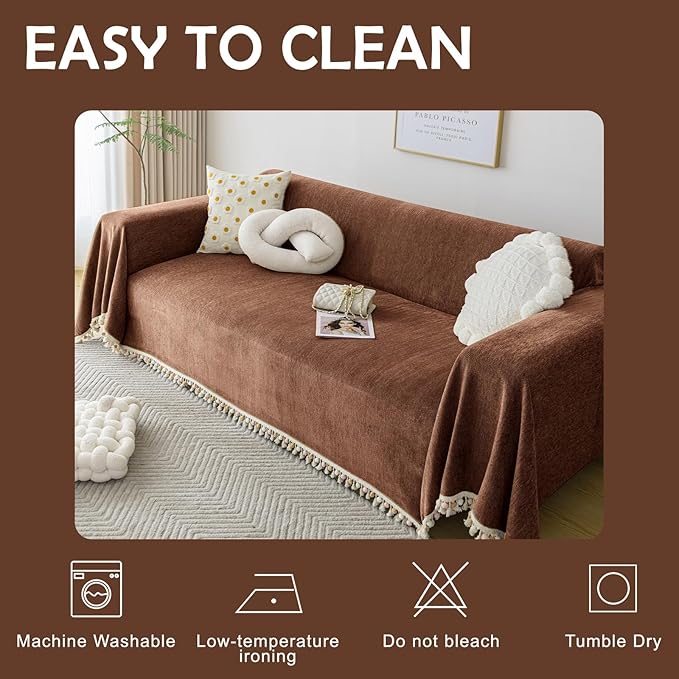 HANDONTIME Boho Style Sofa Cover with Tassels, Washable & Non-Slip Couch Cover for 3 Cushion Sofa, Herringbone Pattern Pet-Friendly Sofa Slipcover, Chocolate Color, 91"x150", Living Room Decor