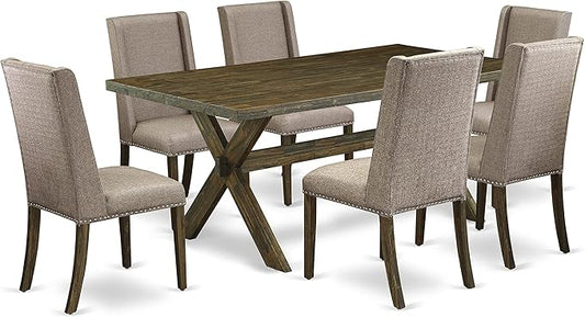 East West Furniture X777FL716-7 7 Piece Dining Room Table Set Consist of a Rectangle Dining Table with X-Legs and 6 Dark Khaki Linen Fabric Upholstered Chairs, 40x72 Inch, Multi-Color