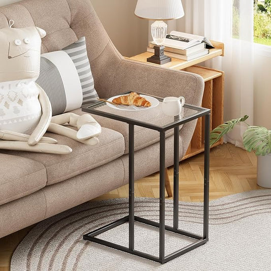 C Shaped End Table Set of 2, Couch Side Tables for Living Room, Small Glass End Table with Metal Frame, Modern Snack Table for Bedroom, Small Space, Easy Assembly, Black, 23.62 x 15.75 x 11.81