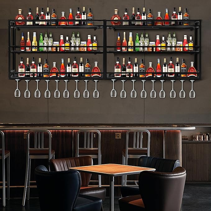 Metal Wine Rack Wall Mounted, Bar Shelves for Liquor Bottles with LED Light, 3 Tier Large Capacity Liquor Rack Wall Mounted with Glass Holder for Home Bar & Dining Room (Black, 71in/180cm)