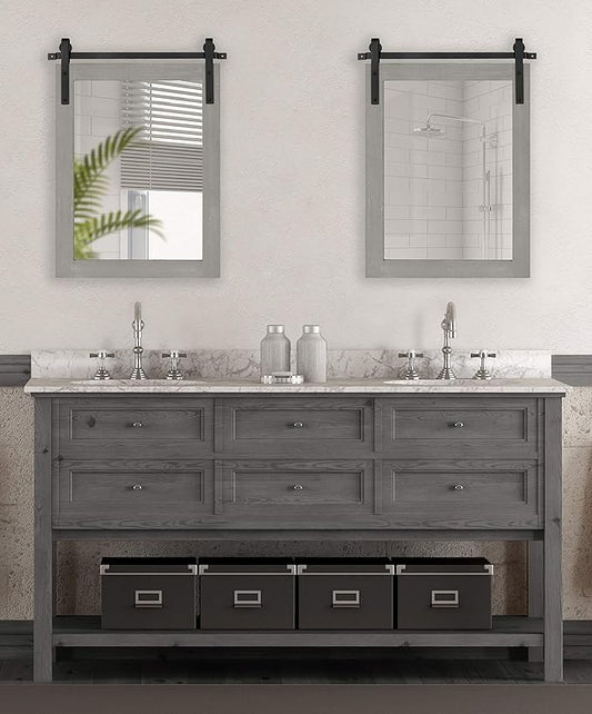 Kate and Laurel Cates Farmhouse Wood Framed Wall Mirror, 18 x 26, Gray, Barn Door-Inspired Rustic Mirrors for Wall
