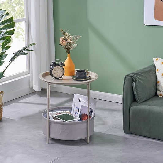 VECELO Round Side/End Table with Fabric Storage Basket,Metal Anti-Rust and Waterproof Small Bedside Nightstand with Removable Tray Top for Living Room,Balcony & Laundry,Grey /2pcs with Basket
